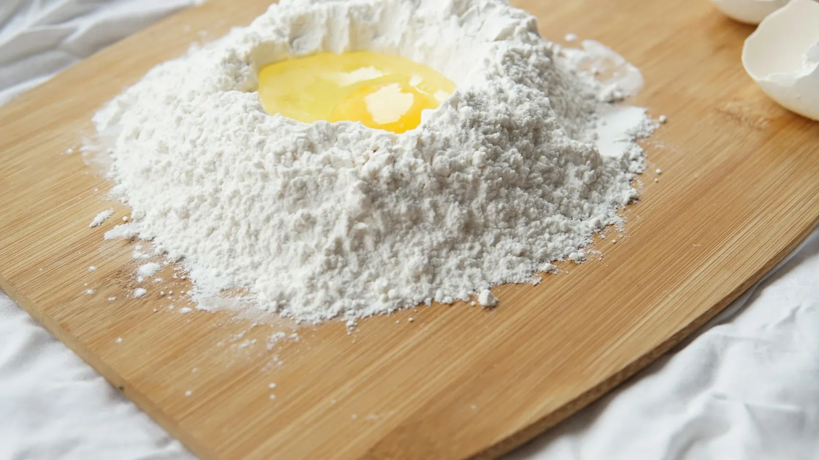 Pile of flour with a cracked egg on a kitchen surface