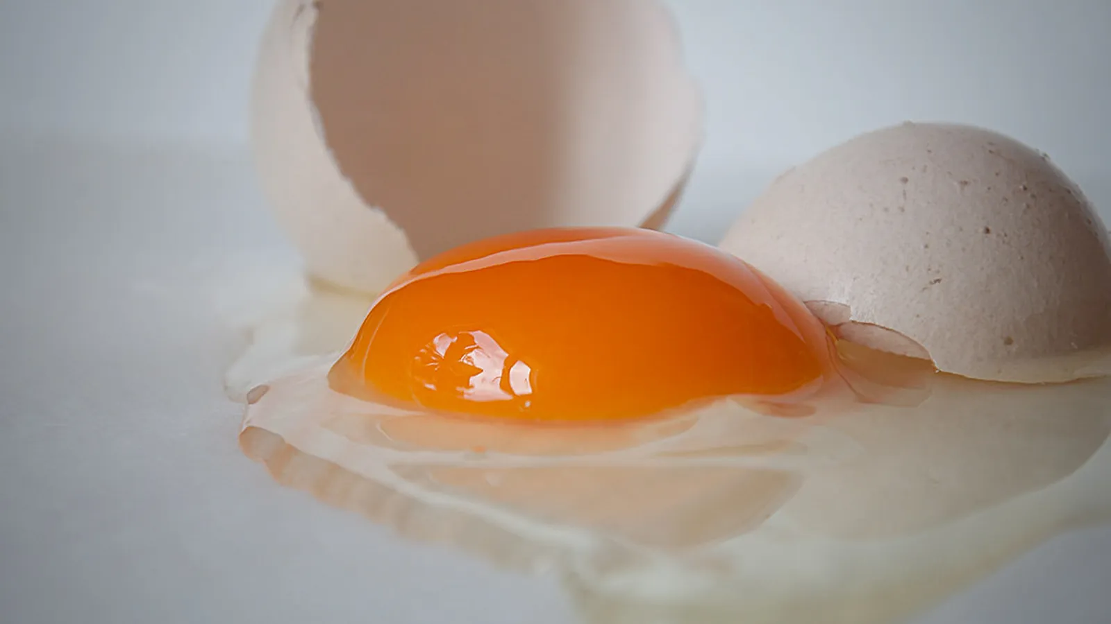 Cracked raw egg with a round orange yolk and clear white beside the broken shell