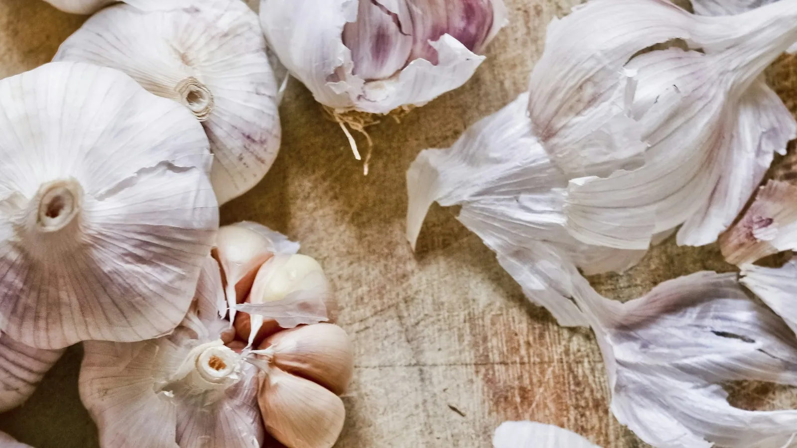 Whole garlic bulbs and loose cloves on a brown wooden table
