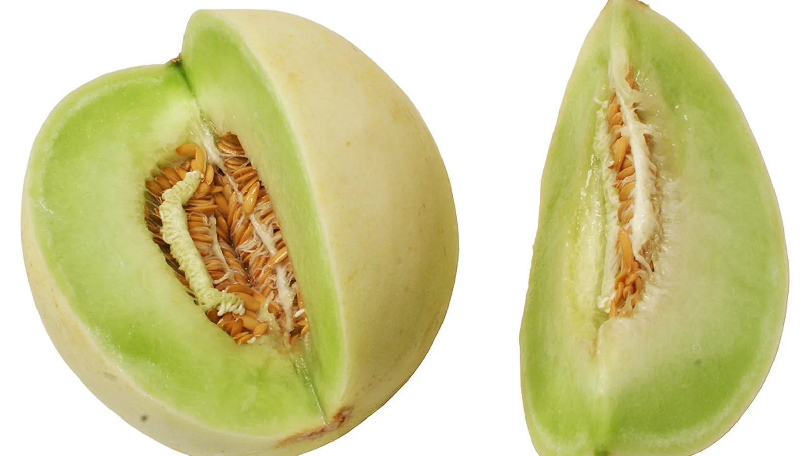 Honeydew melon cut open to show pale green flesh and a center of seeds