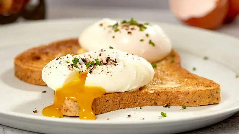 Neat poached egg resting on a slice of toast on a white ceramic plate