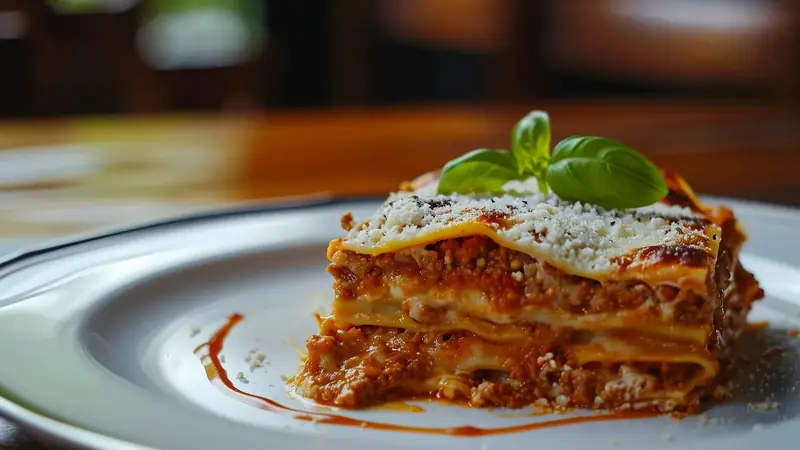 Slice of layered lasagna covered in red sauce on a white plate