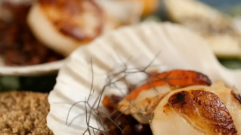 Seared sea scallops with a deep golden crust served on a scallop shell