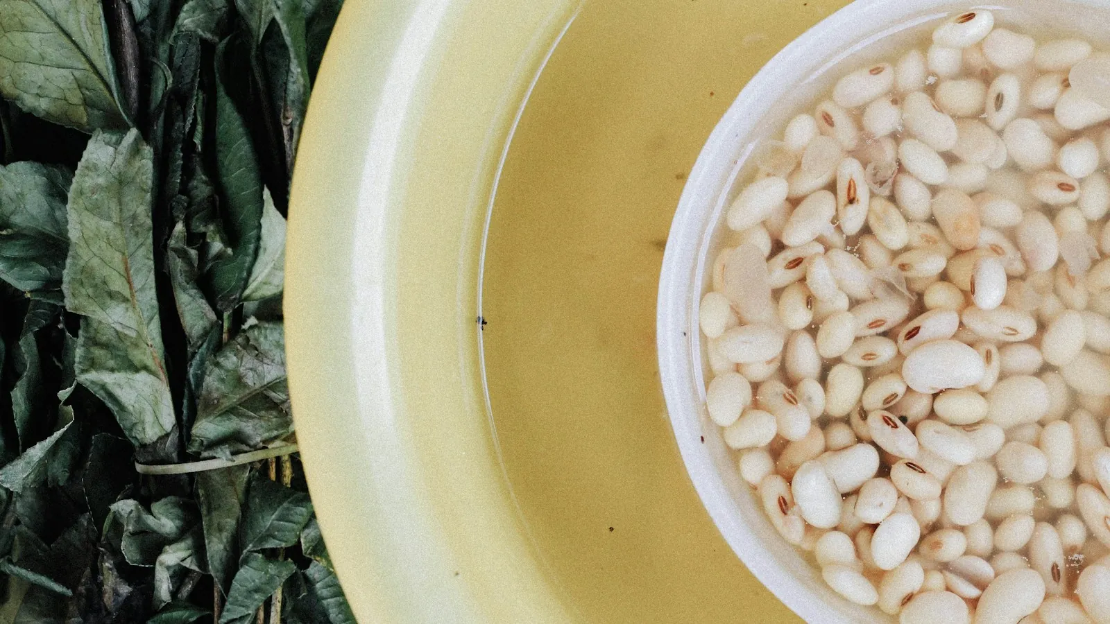 Dried white beans heaped in a yellow bowl on a table