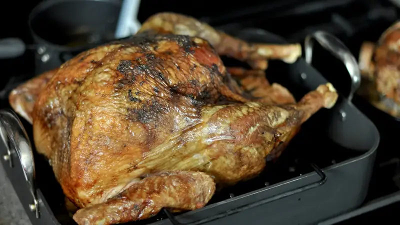 Golden brown roasted whole turkey resting in a metal roasting pan