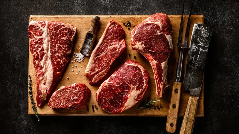 Raw meat cuts, seasoning and a knife on a rustic wooden cutting board